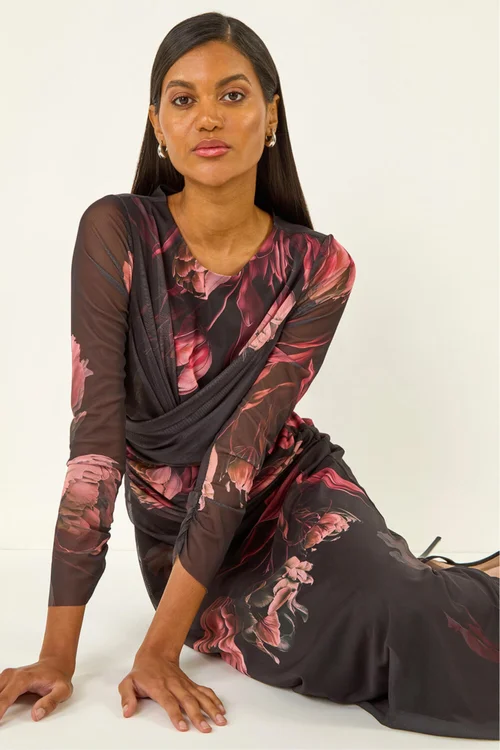 Roman Black Floral Mesh Stretch Maxi Dress - Size 12 Image 3