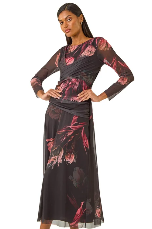Roman Black Floral Mesh Stretch Maxi Dress - Size 12 Image 1