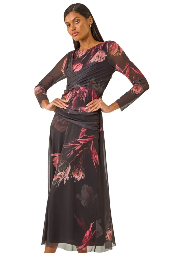 Roman Black Floral Mesh Stretch Maxi Dress