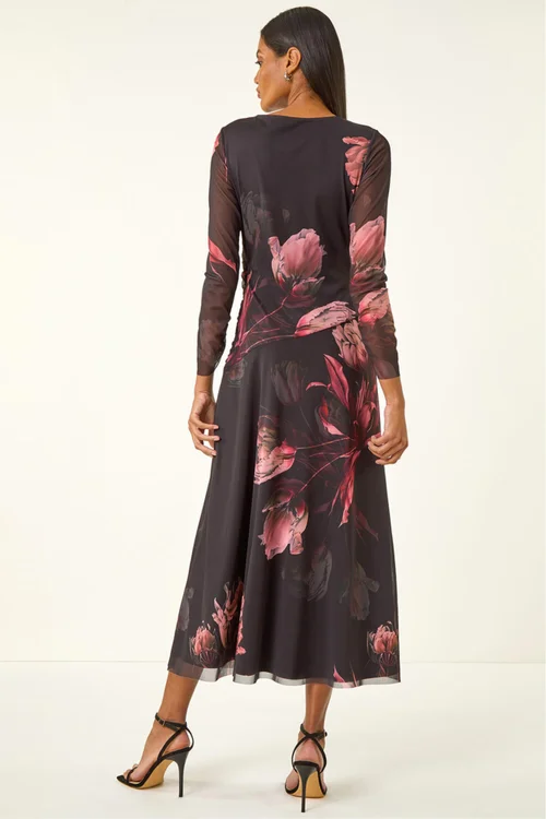 Roman Black Floral Mesh Stretch Maxi Dress - Size 12 Image 4