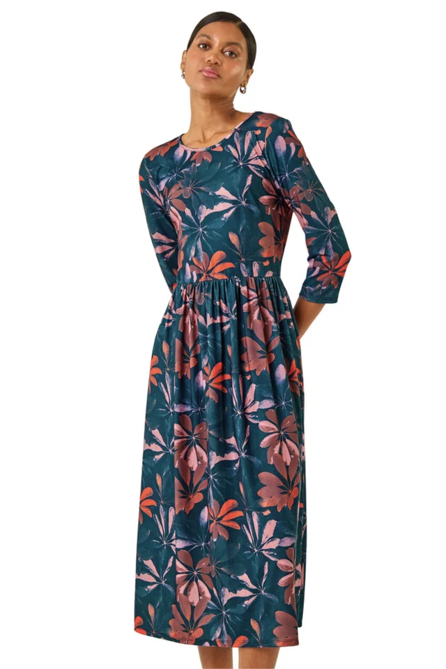 Roman Rose Floral Print Stretch Midi Dress