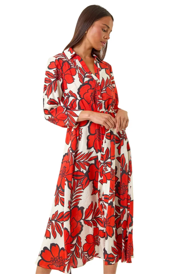 Roman Red Petite Floral Midi Shirt Dress