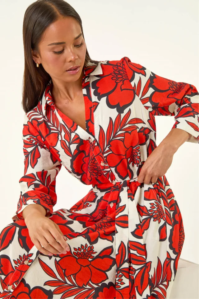 Roman Red Petite Floral Midi Shirt Dress