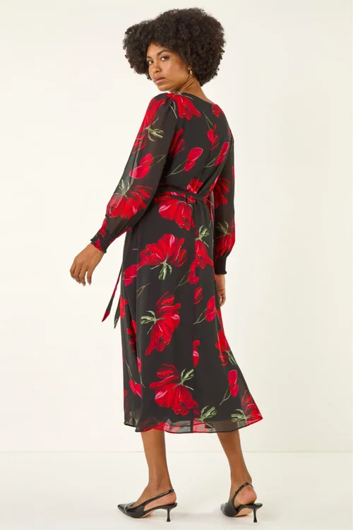 Roman Red Floral Tie Waist Midi Dress - Size 18 Clothing Image 3