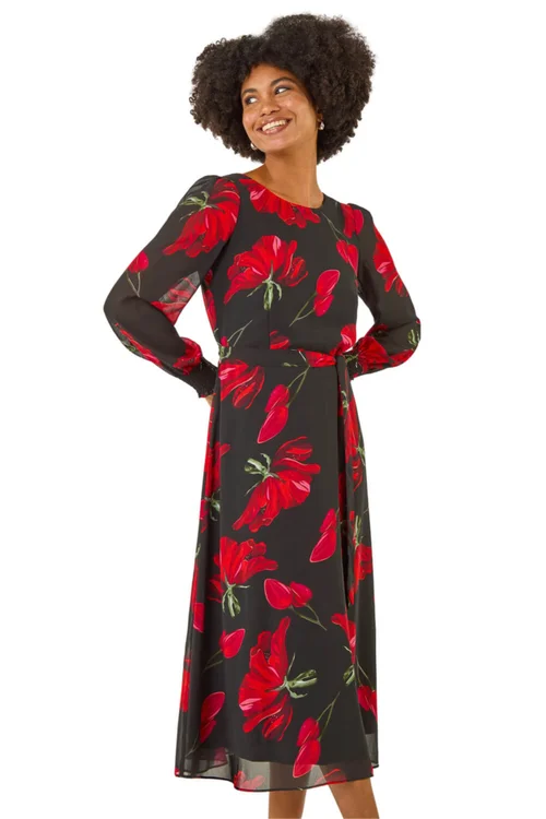 Roman Red Floral Tie Waist Midi Dress - Size 18 Clothing Image 1