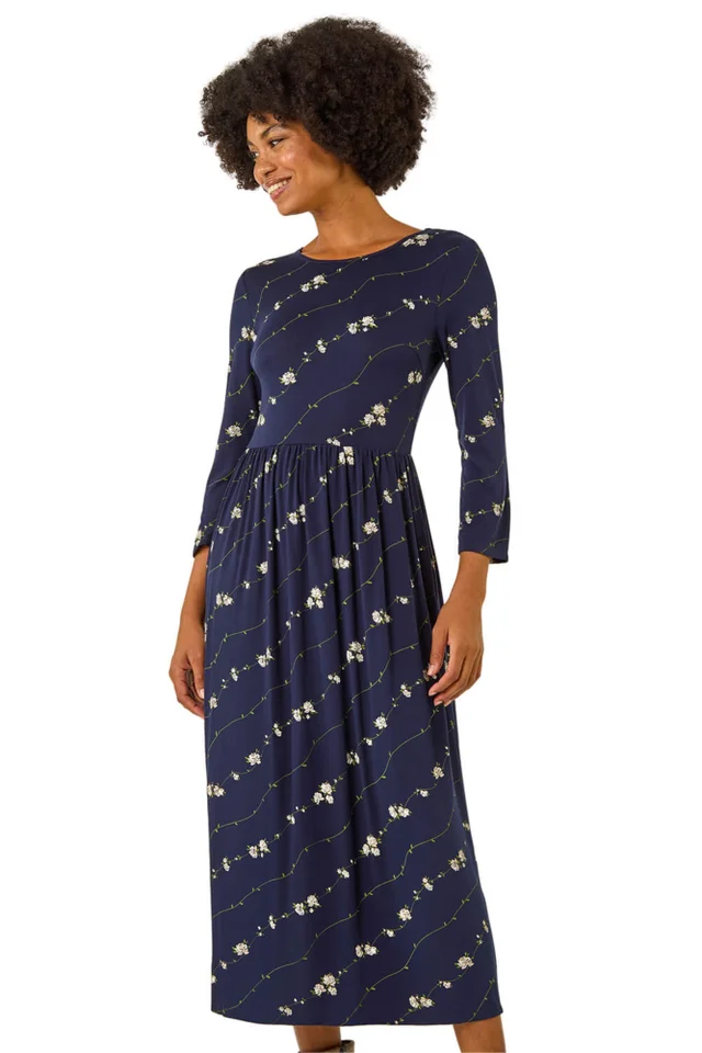 Roman Navy Floral Gathered Waist Midi Dress