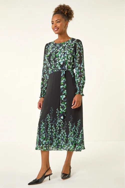 Roman Blue Floral Border Belted Midi Dress - 12 Image 3