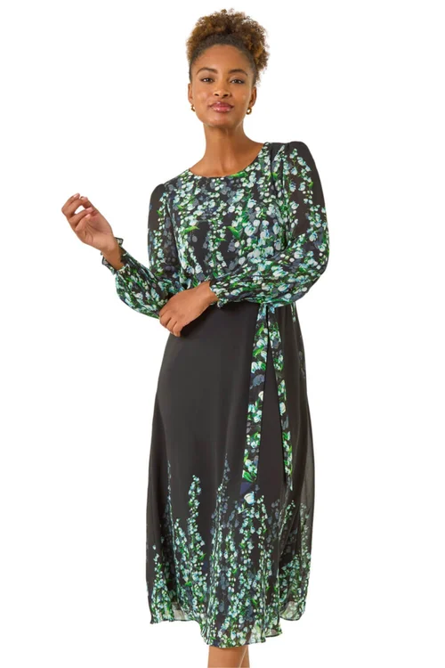 Roman Blue Floral Border Belted Midi Dress - 12 Image 1