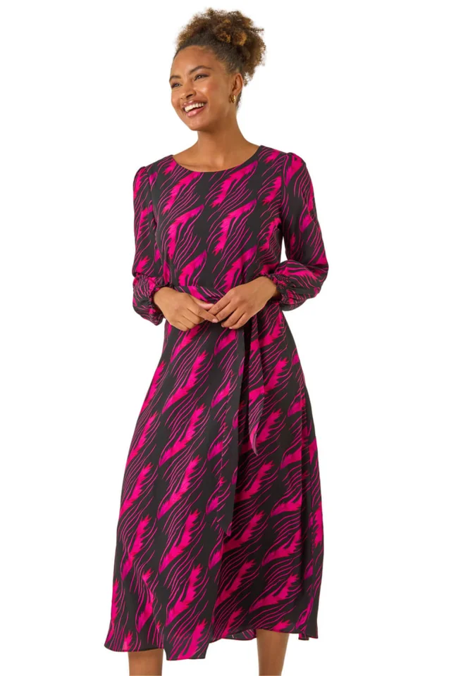 Roman Pink Abstract Feather Shirred Midi Dress