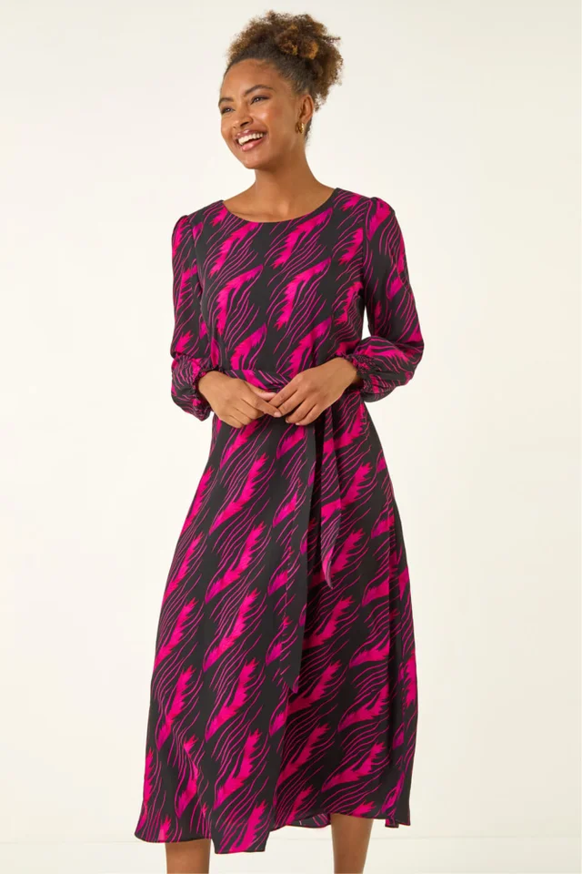 Roman Pink Abstract Feather Shirred Midi Dress