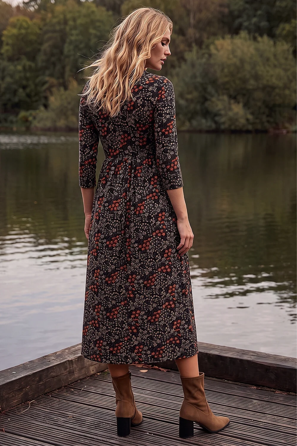 Roman Black Ditsy Floral Gathered Midi Dress - 10 Image 3