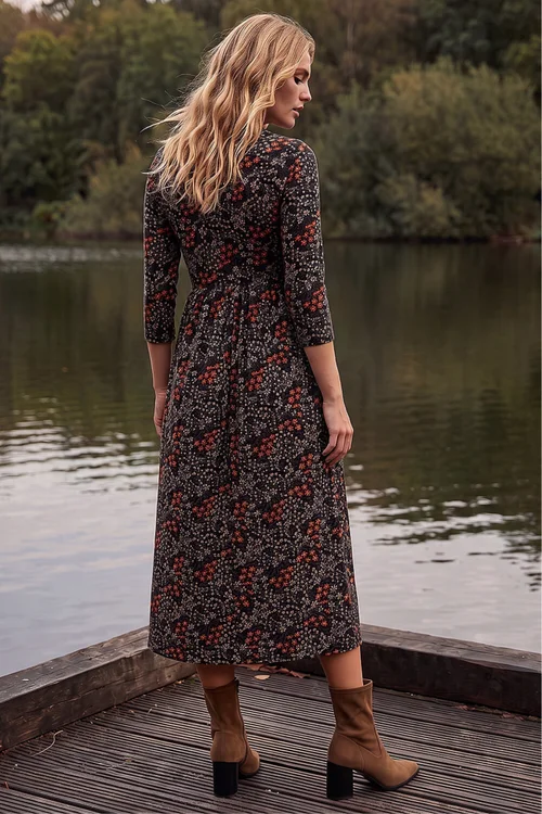Roman Black Ditsy Floral Gathered Midi Dress - 10 Image 3