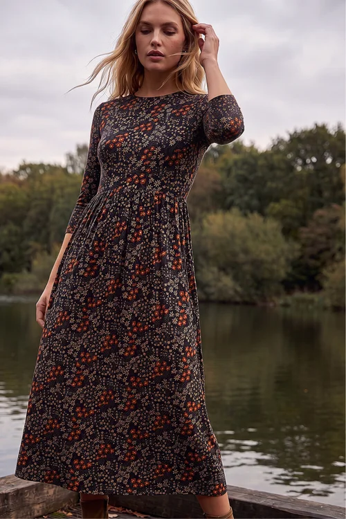 Roman Black Ditsy Floral Gathered Midi Dress - 10 Image 1