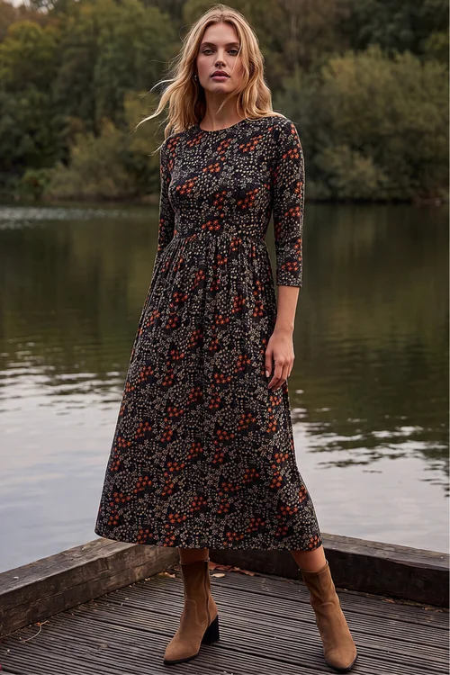 Roman Black Ditsy Floral Gathered Midi Dress - 10 Image 2