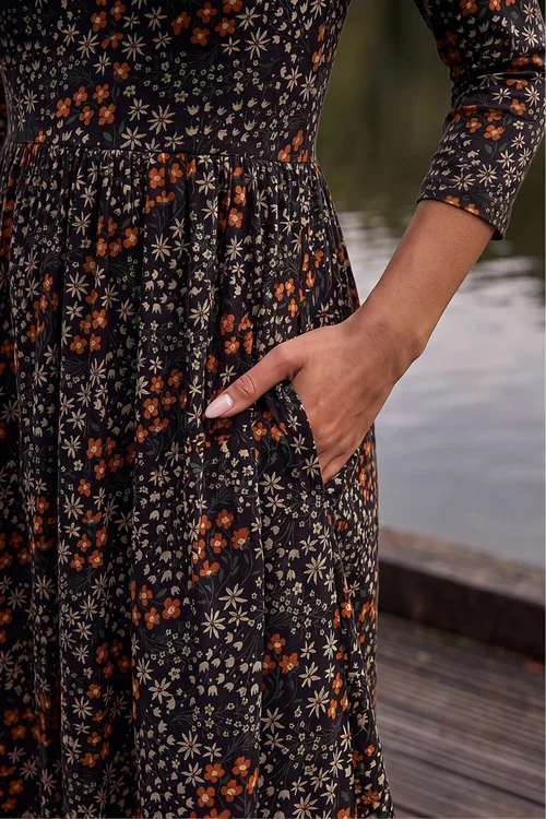 Roman Black Ditsy Floral Gathered Midi Dress - 10 Image 4