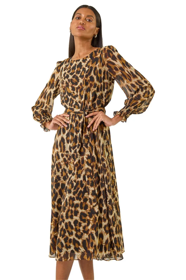 Roman Tan Animal Print Shirred Midi Dress