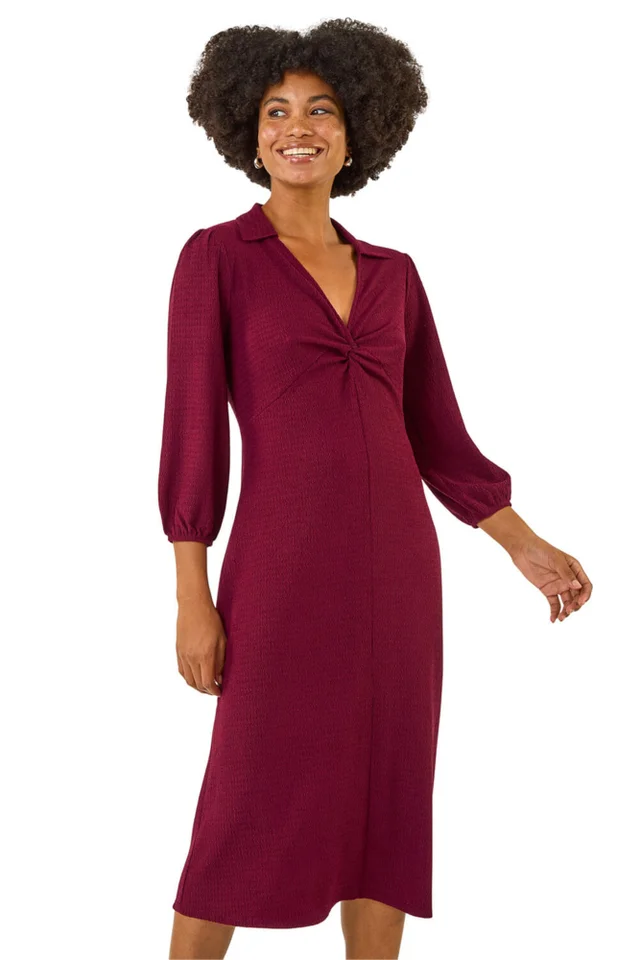 Roman Wine Textured Collared Twist Front Dress