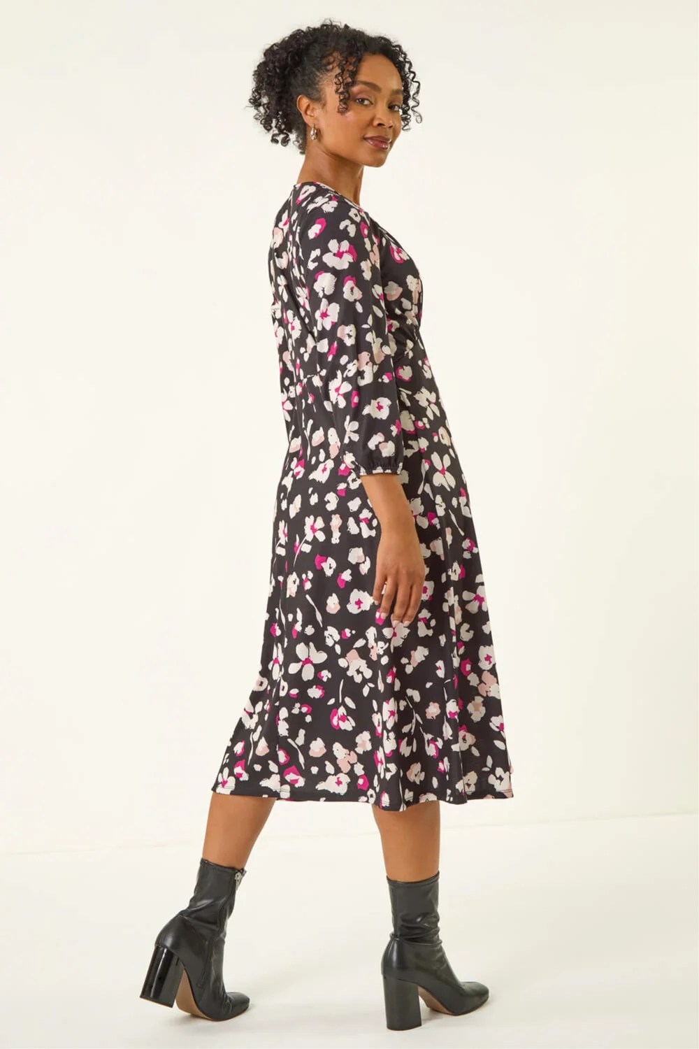 Roman Black Petite Floral Gathered Midi Dress - 14 Image 3