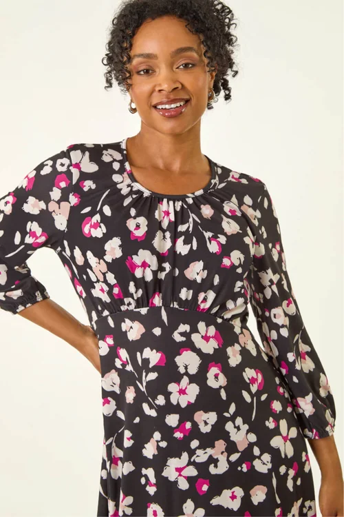 Roman Black Petite Floral Gathered Midi Dress - 14 Image 4