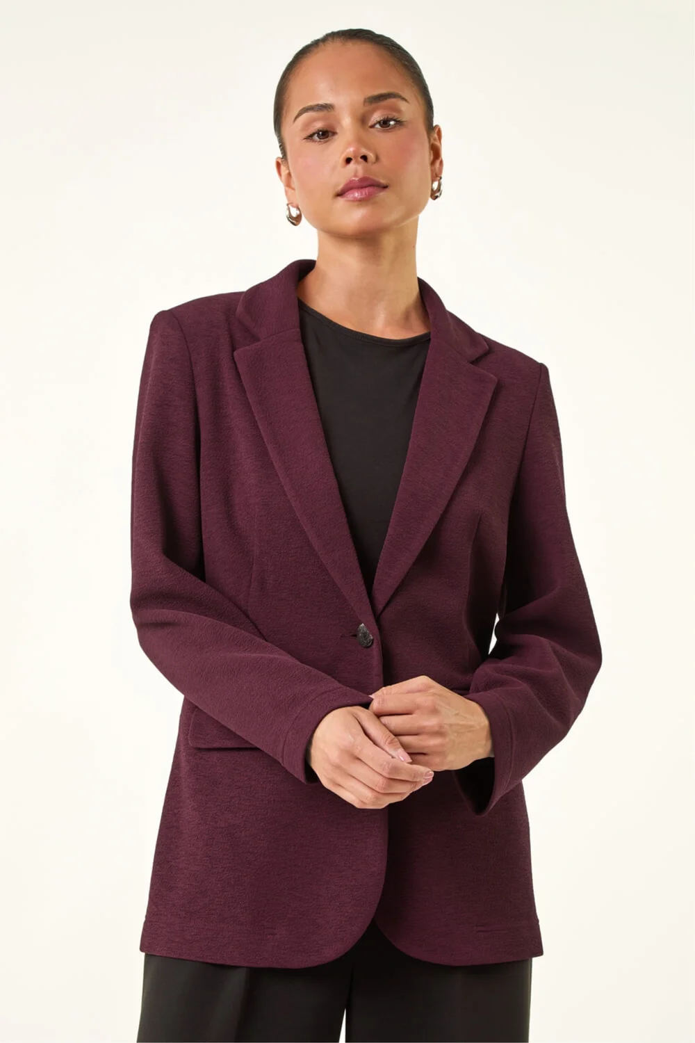 Roman Plum Petite Textured Buttoned Blazer - 12 Image 2