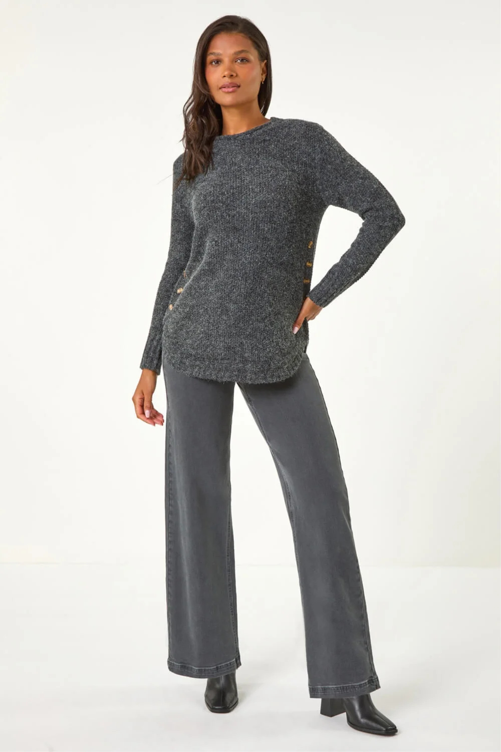 Roman Black Button Detail Curved Hem Jumper - Size 10 Image 3