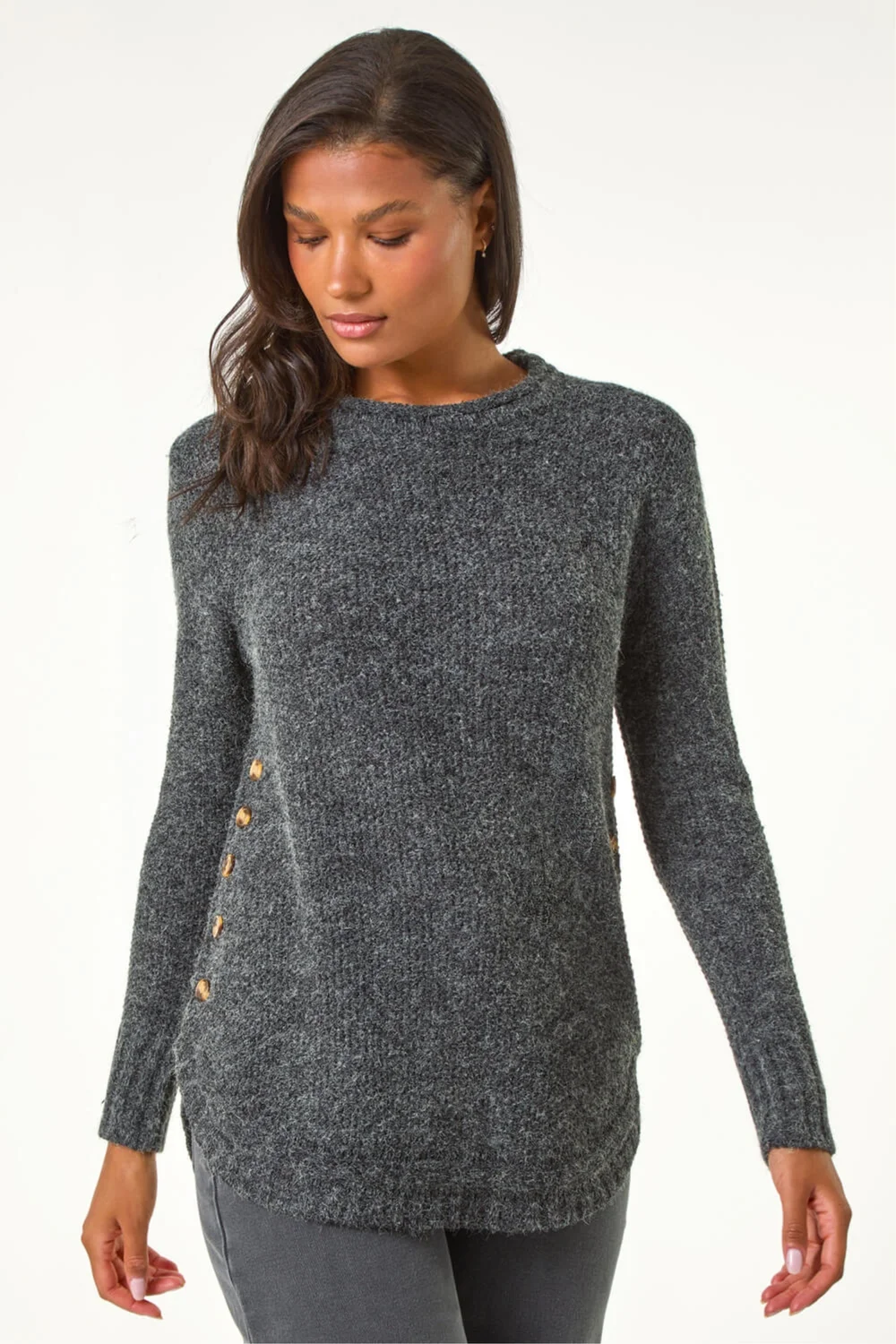 Roman Black Button Detail Curved Hem Jumper - Size 10 Image 1