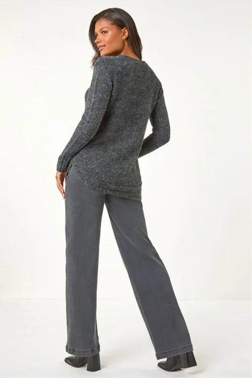 Roman Black Button Detail Curved Hem Jumper - Size 10 Image 4