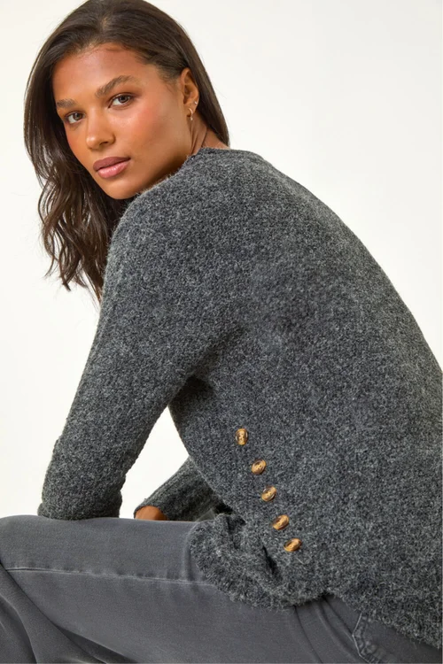 Roman Black Button Detail Curved Hem Jumper - Size 10 Image 2