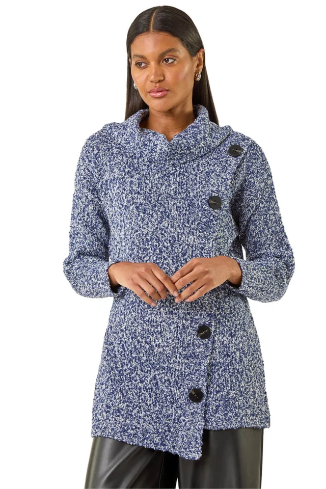 Roman Blue Roll Neck Button Detail Longline Jumper