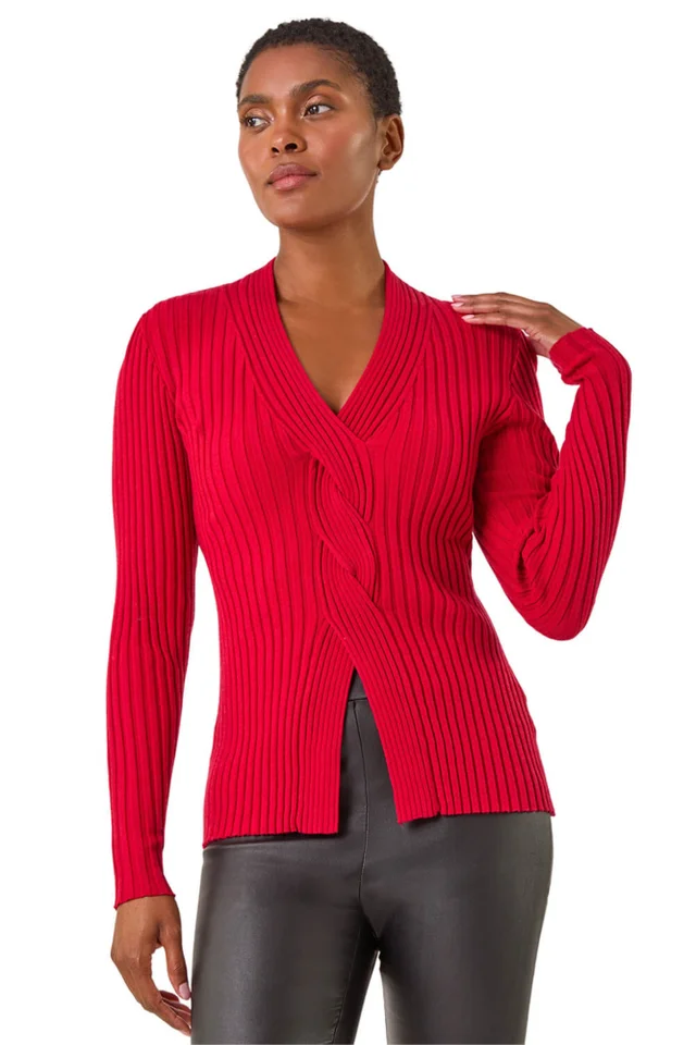 Roman Red Cable Split Detail Rib Jumper