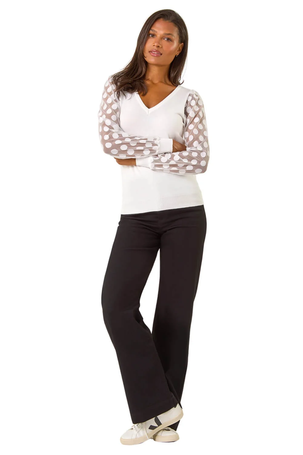 Roman Ivory Polka Dot V-Neck Sleeve Knit Jumper - Size 14 Clothing Image 2