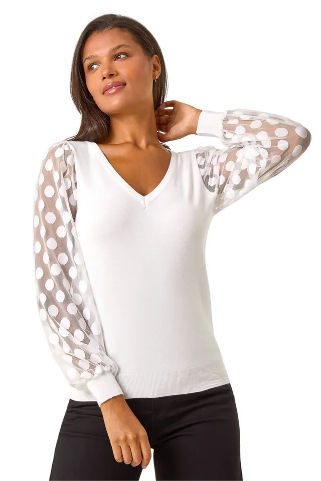 Roman Ivory Polka Dot V-Neck Sleeve Knit Jumper