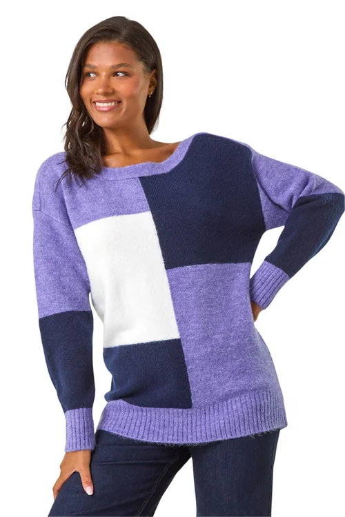Roman Lavender Colour Block Knit Jumper - Size 16 Clothing Image 1