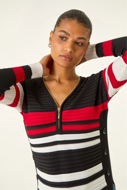 Roman Black Stripe Zip Front Ribbed Knit Jumper - Size 20 Clothing Image 4