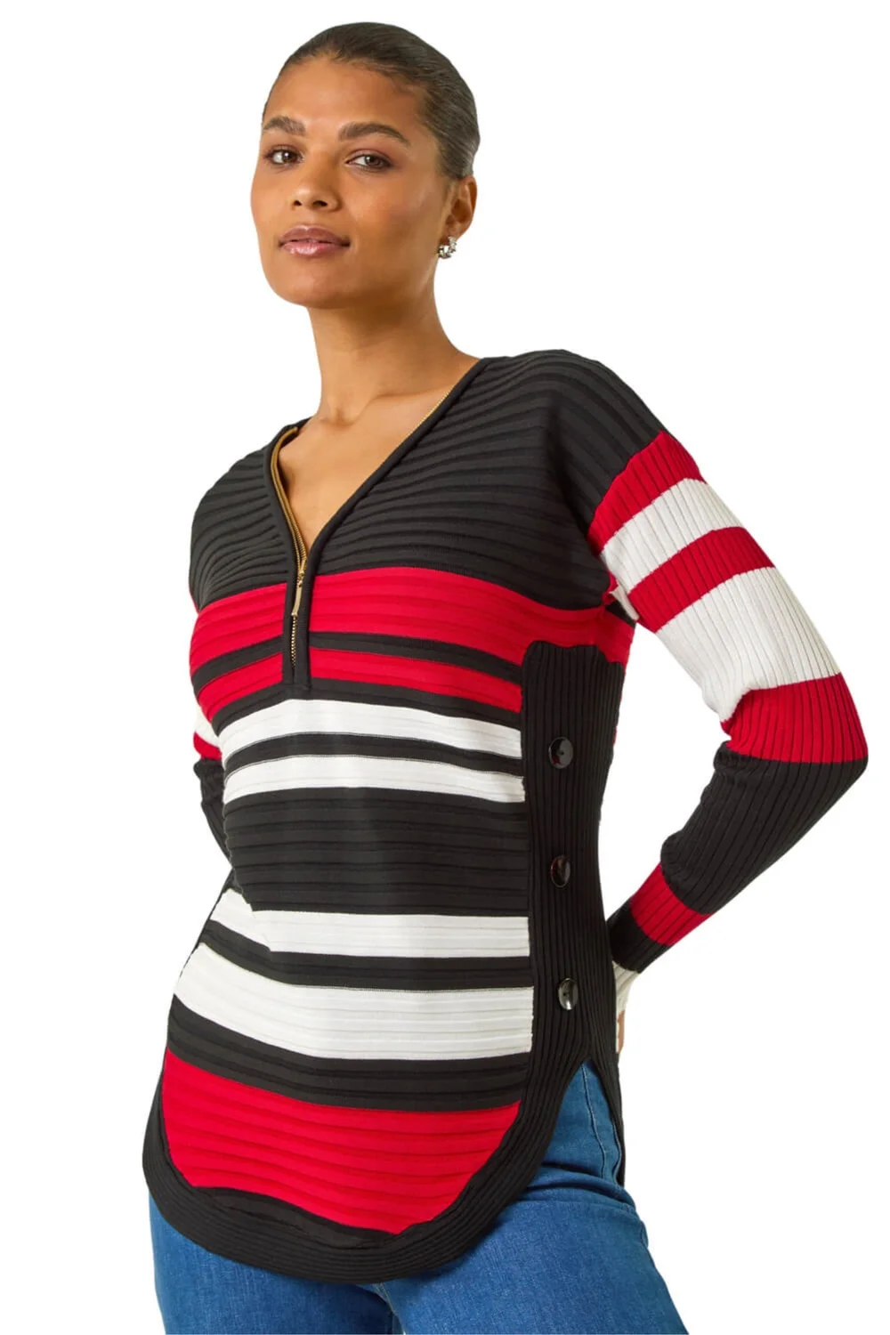 Roman Black Stripe Zip Front Ribbed Knit Jumper - Size 20 Clothing Image 1