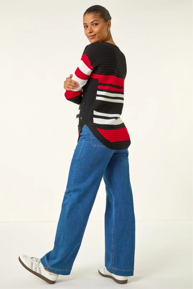 Roman Black Stripe Zip Front Ribbed Knit Jumper