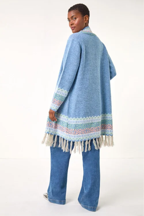Roman Light Blue Patterened Fringe Cardigan - Size 14 Image 4