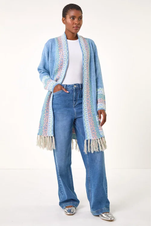 Roman Light Blue Patterened Fringe Cardigan - Size 14 Image 3