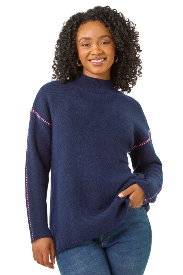 Roman Navy Petite Contrast Stitch Jersey Jumper