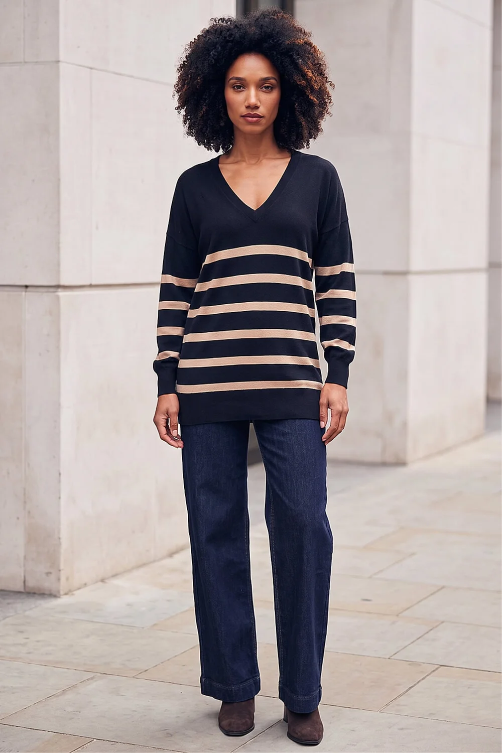 Roman Black Stripe V-Neck Boyfriend Knit Jumper - 18 Image 2