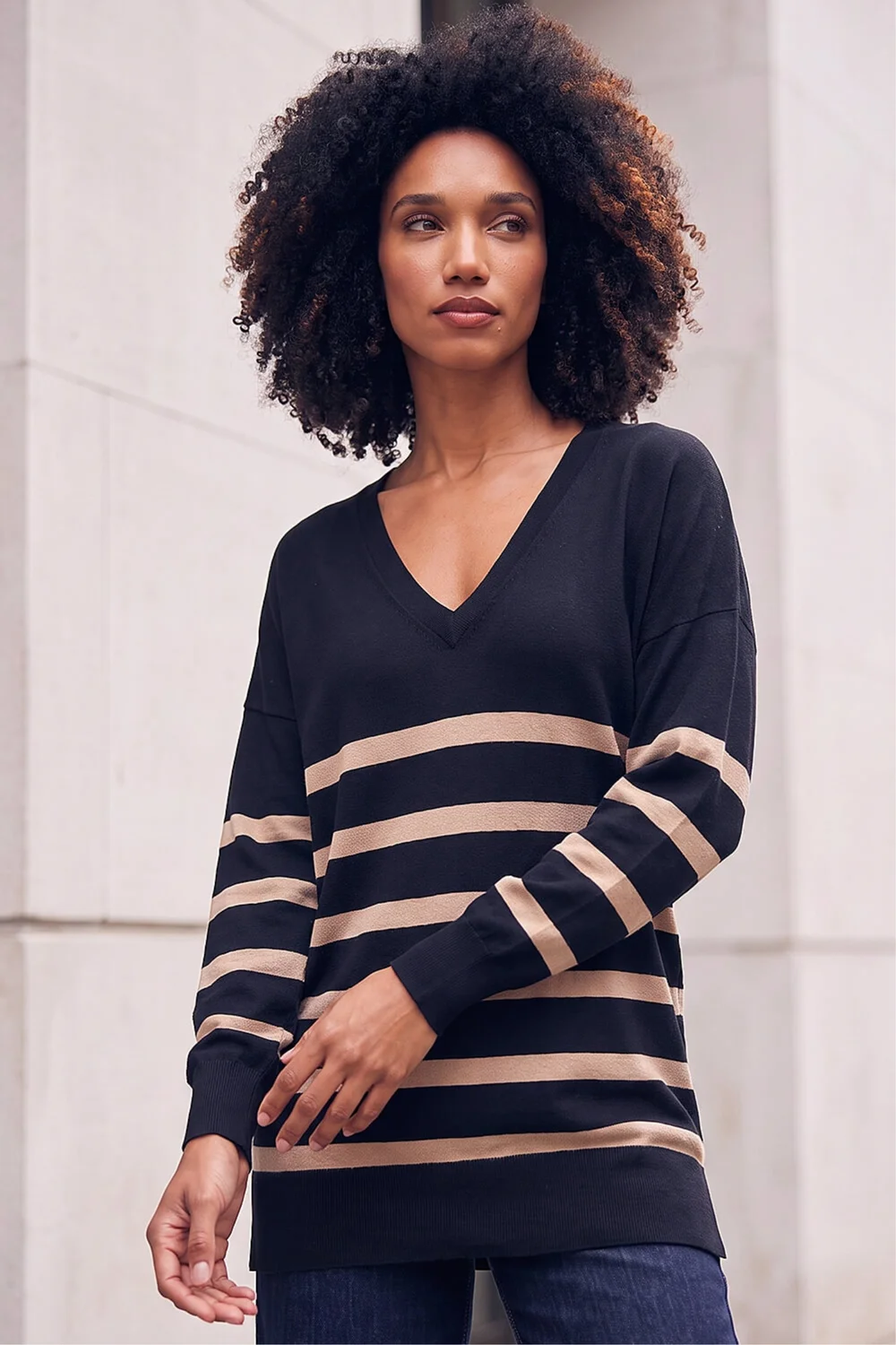 Roman Black Stripe V-Neck Boyfriend Knit Jumper - 18 Image 1