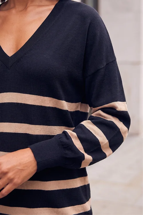 Roman Black Stripe V-Neck Boyfriend Knit Jumper - 18 Image 4