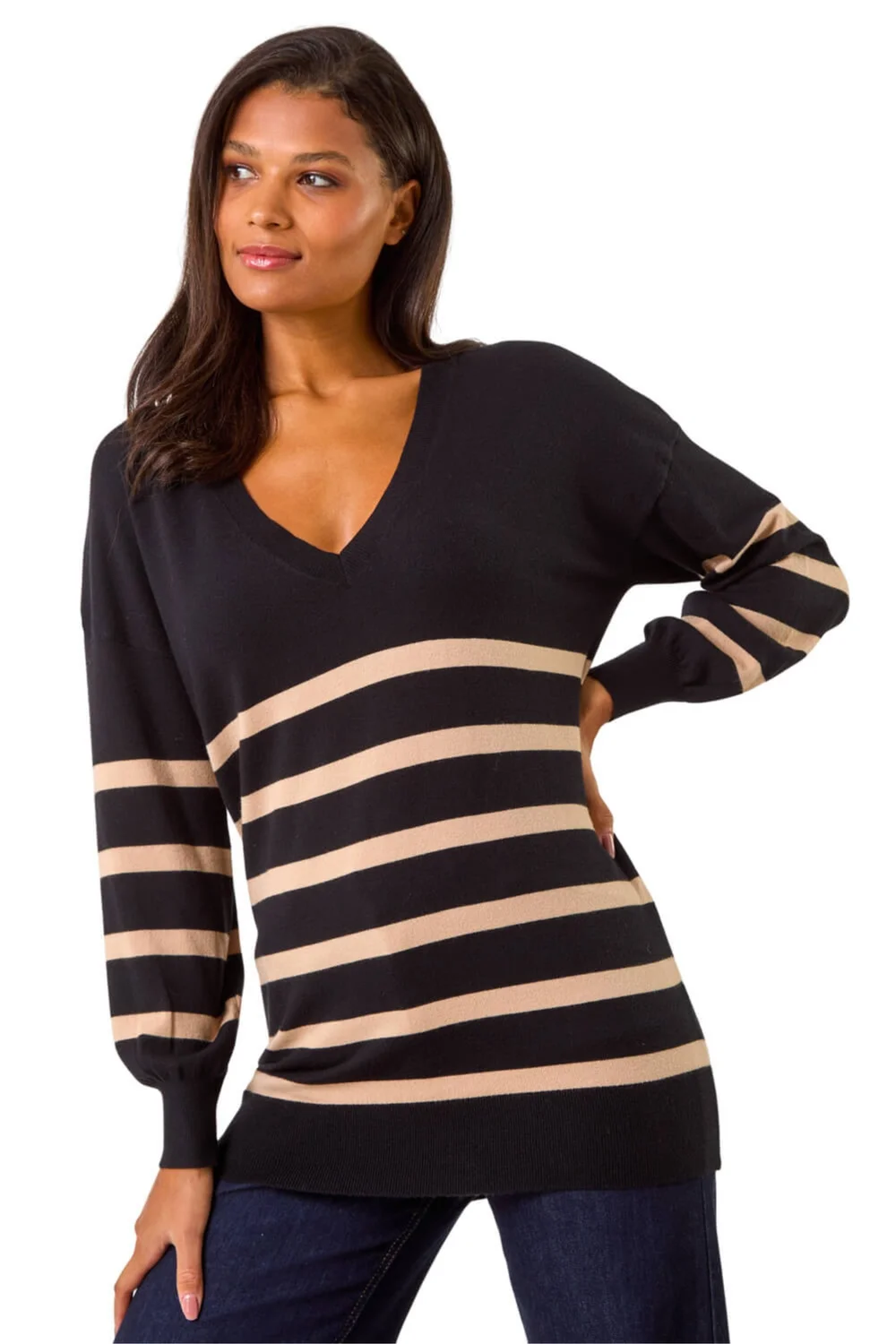 Roman Black Stripe V-Neck Boyfriend Knit Jumper - Size 18 Clothing Image 1