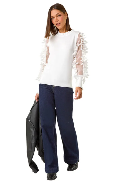 Roman Ivory Sheer Feather Sleeved Jumper - Size 18 Clothing Image 3