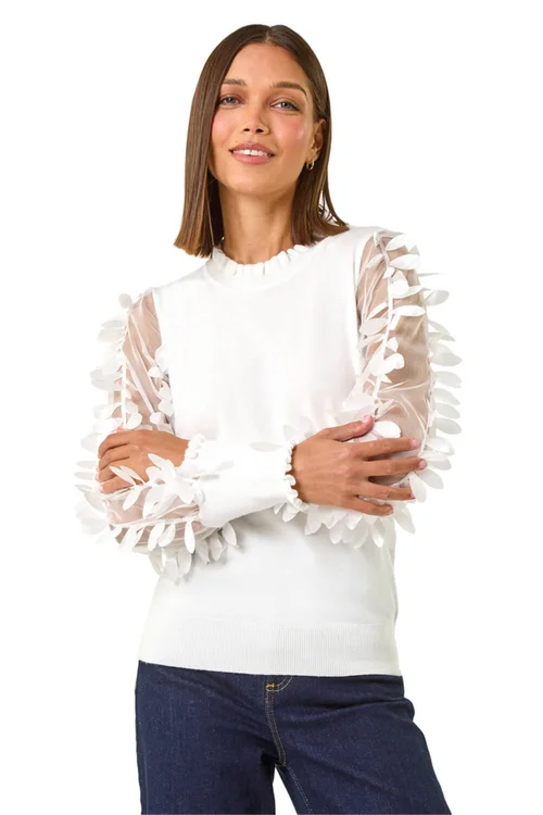 Roman Ivory Sheer Feather Sleeved Jumper - Size 18 Clothing Image 2