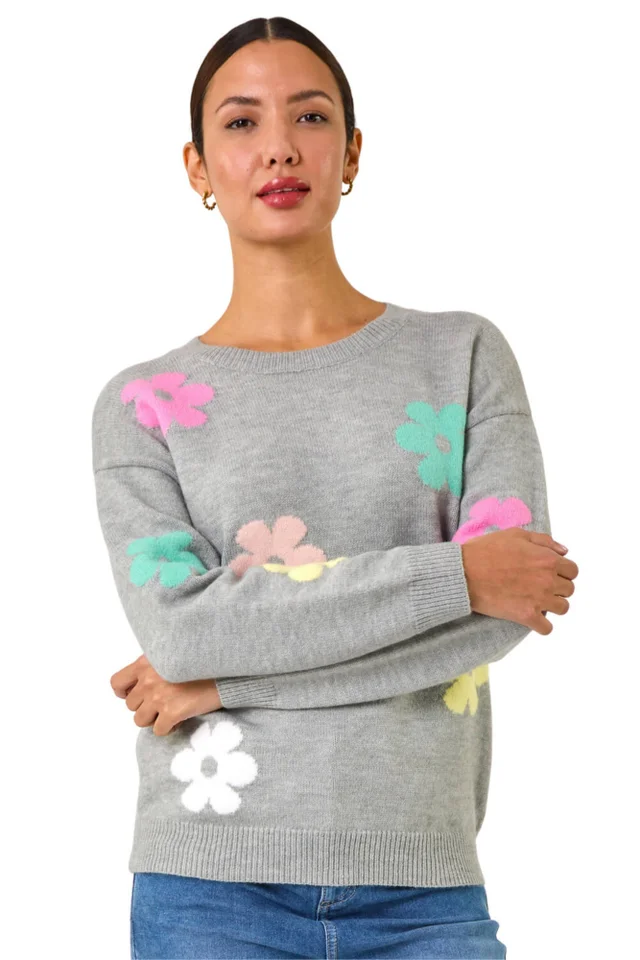 Roman Grey Floral Print Jacquard Knit Jumper