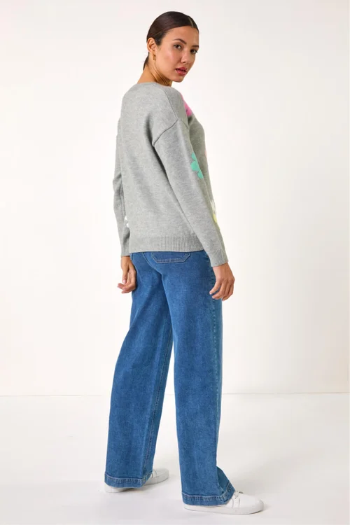 Roman Grey Floral Print Jacquard Knit Jumper - Size 18 Clothing Image 4