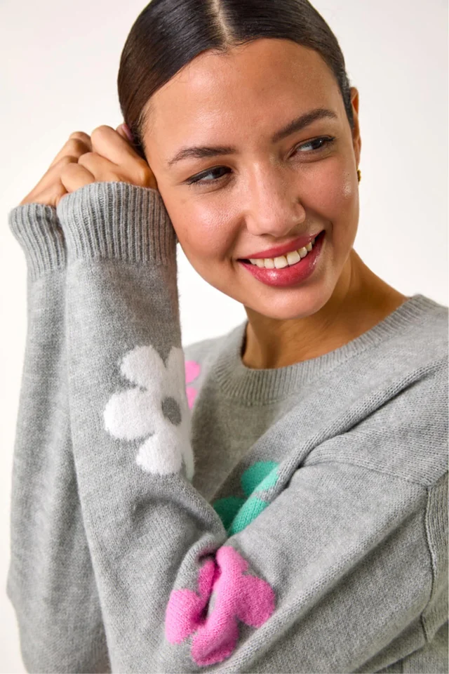 Roman Grey Floral Print Jacquard Knit Jumper