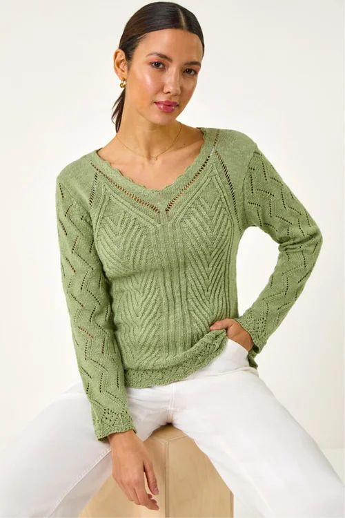 Roman Khaki Scallop V-Neck Knit Jumper - Size 18 Clothing Image 2