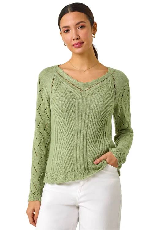 Roman Khaki Scallop V-Neck Knit Jumper - Size 18 Clothing Image 1
